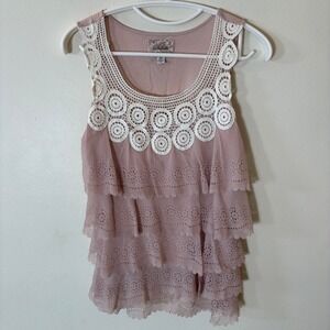 Deletta Crochet Tiered Ruffle Lasercut Scalloped Pink Tank Top Size XS